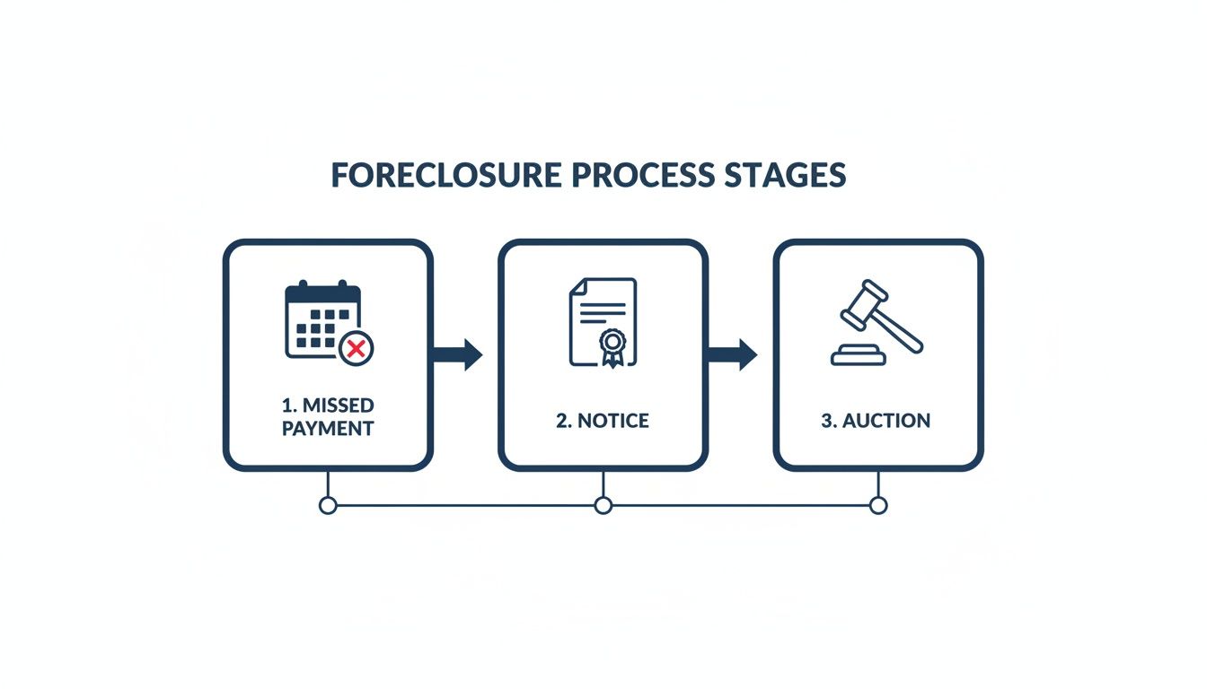 A diagram illustrating the three stages of a foreclosure process: missed payment, notice, and auction.
