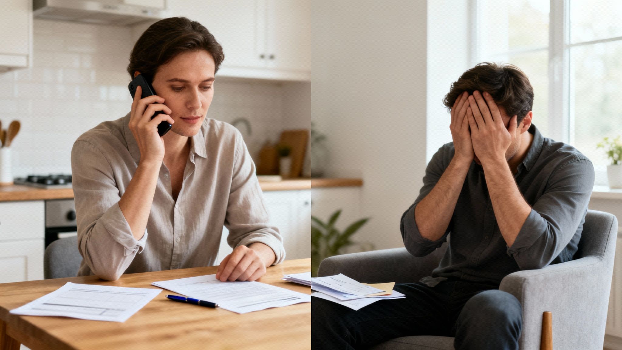 A split image of two men, one talking on the phone with papers, the other distressed.