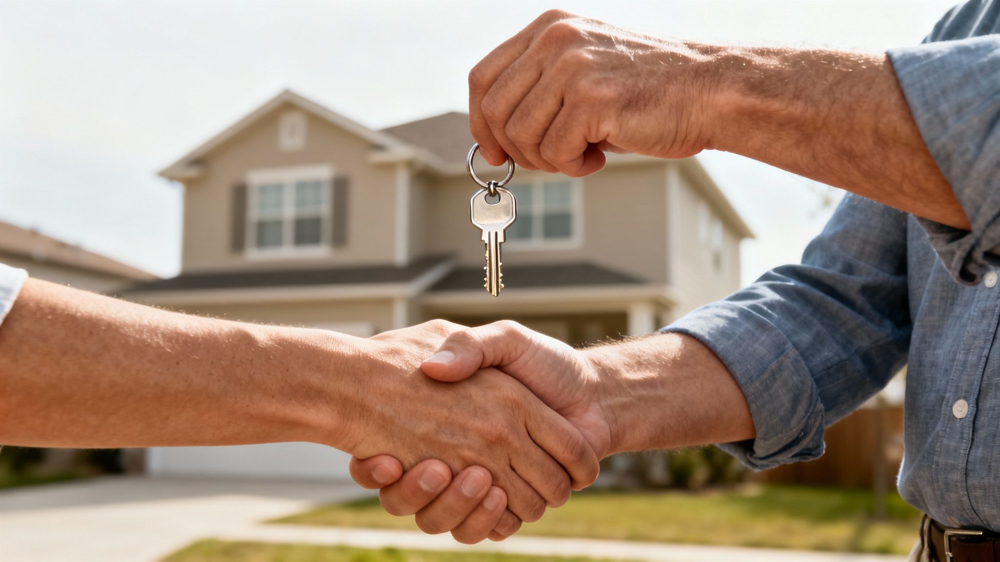 Two people shake hands, one holding a house key, in front of a modern home.