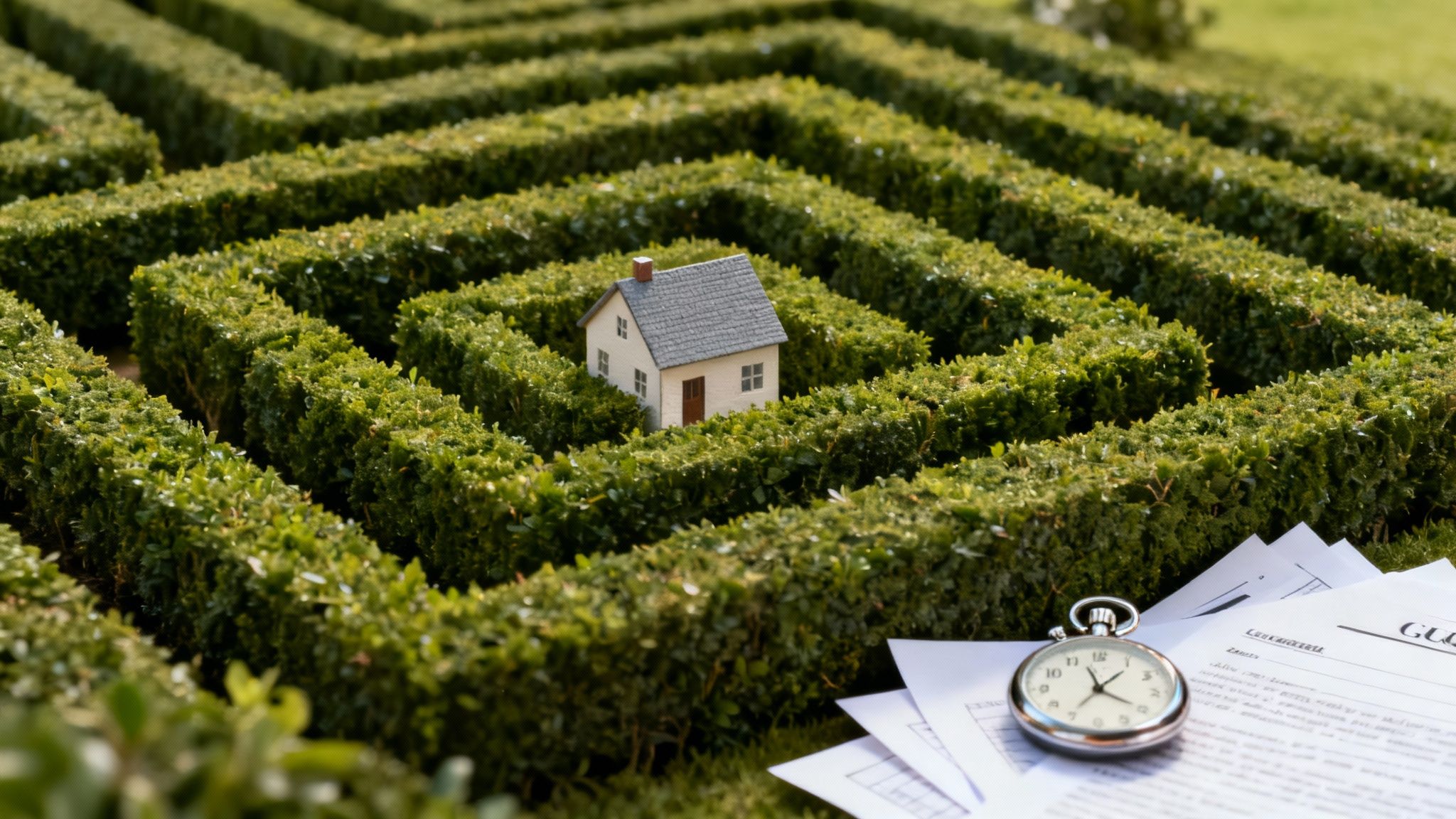 A miniature house sits in a hedge maze, symbolizing challenges, with a pocket watch and papers nearby.
