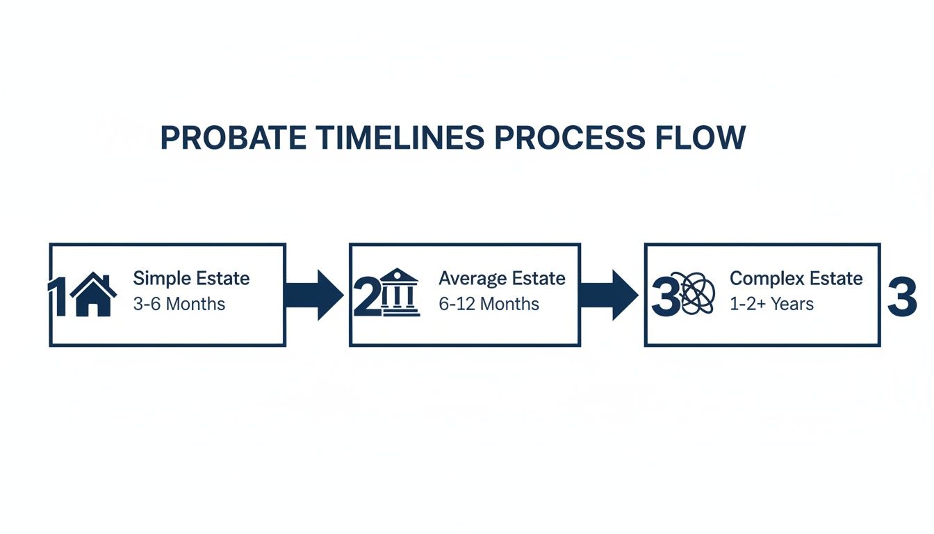 A flowchart illustrating the probate timelines for simple, average, and complex estates.