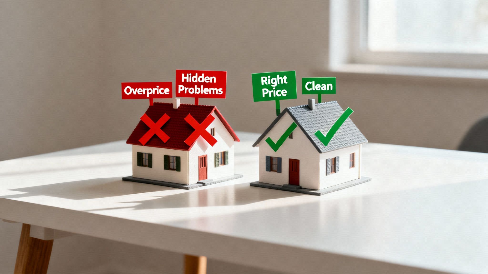 Two miniature houses, one overpriced and problematic (red), the other fairly priced and clean (green).