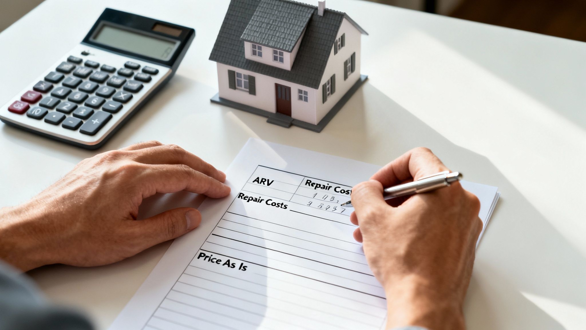 Hands calculating repair costs and property values on a form with a house model and calculator.
