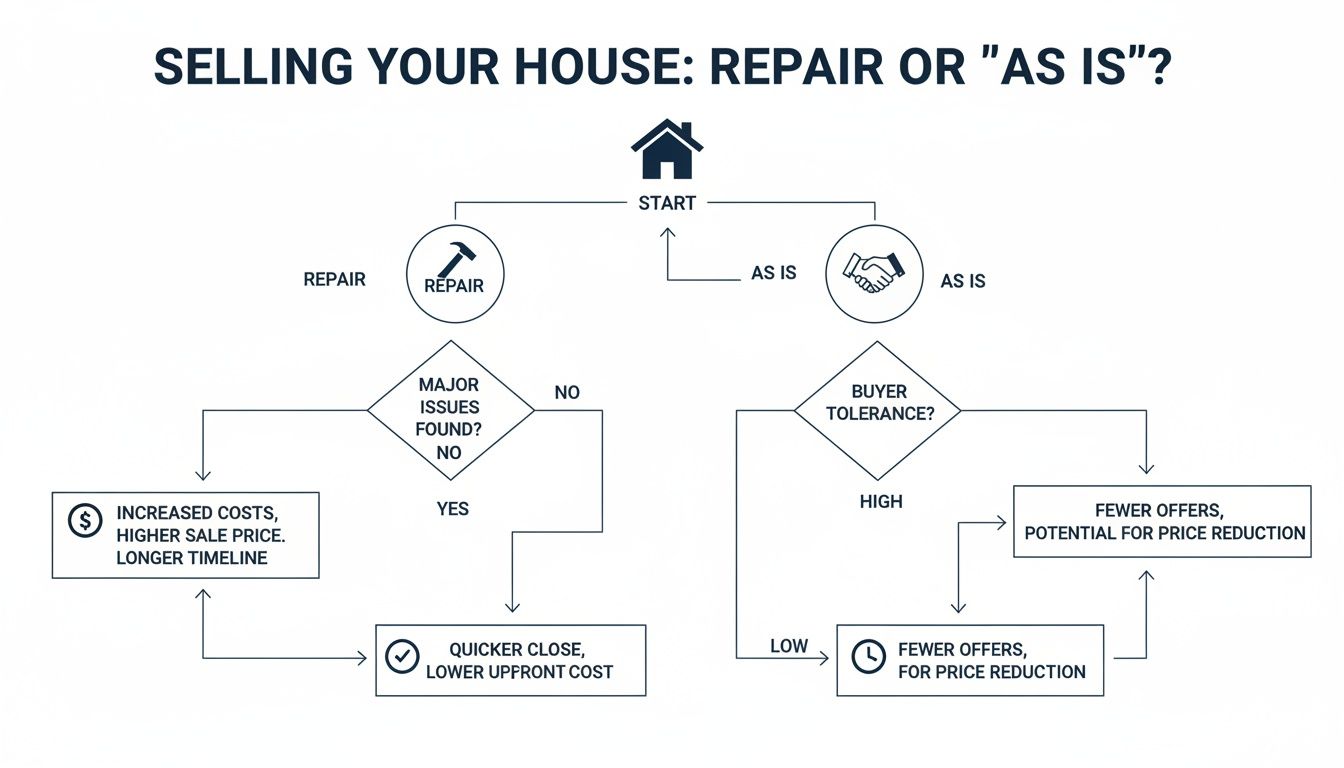 Flowchart guiding homeowners on whether to repair their house or sell it 'as is', detailing potential outcomes.