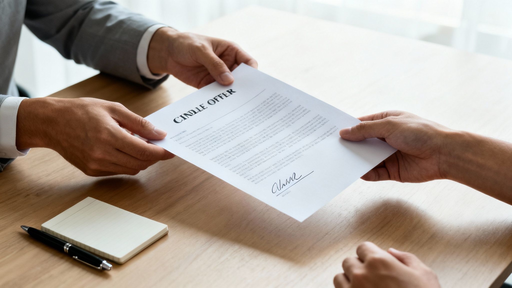 Hands of two professionals exchanging an offer document during a business meeting on a wooden table.