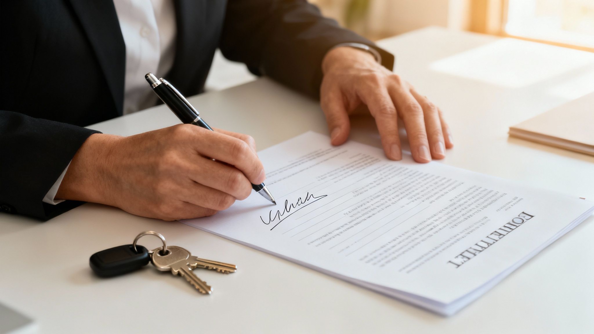 Close-up of a person in a suit signing a contract with a pen, keys on the table.