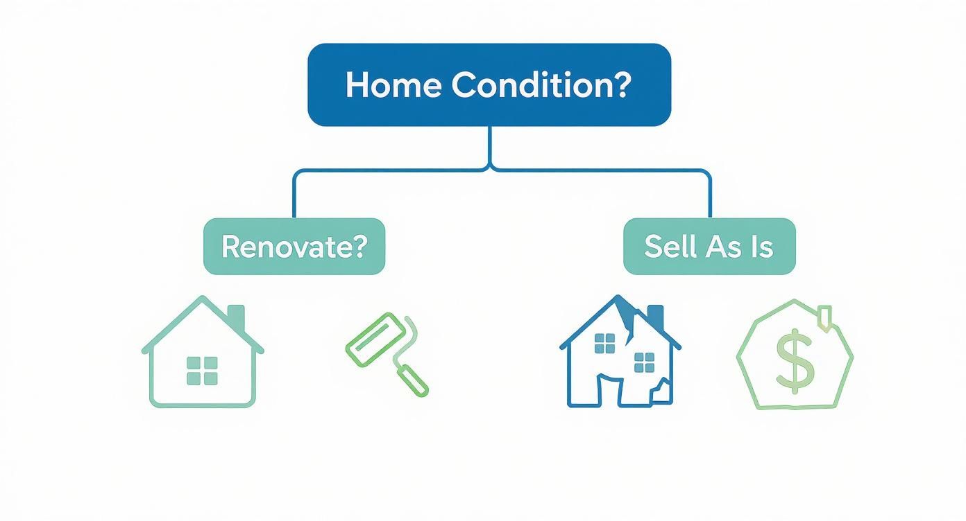 A decision flowchart illustrating options for homeowners: renovate a house or sell a damaged house as is.