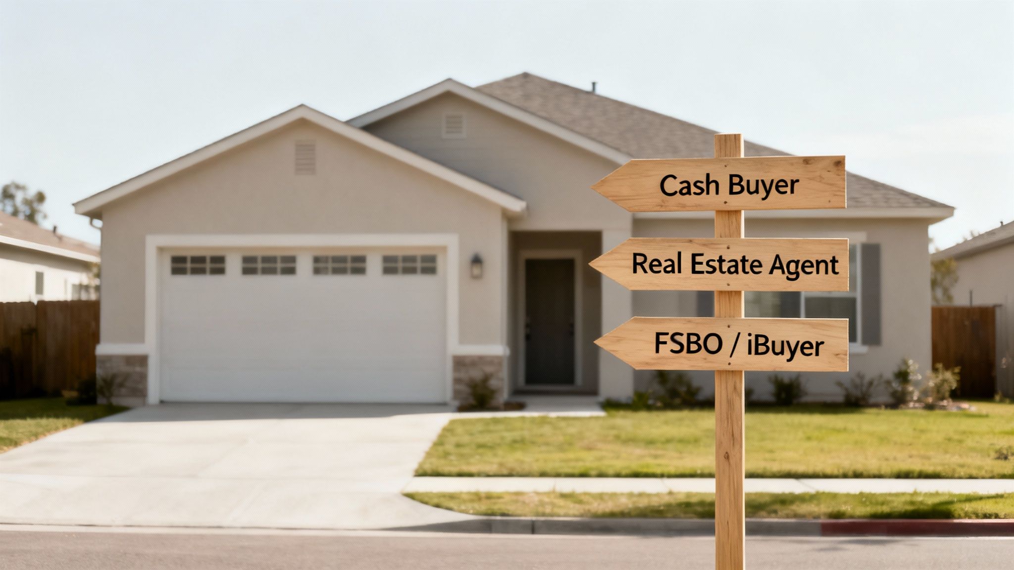 A house with a signpost offering options for selling: Cash Buyer, Real Estate Agent, FSBO / iBuyer.