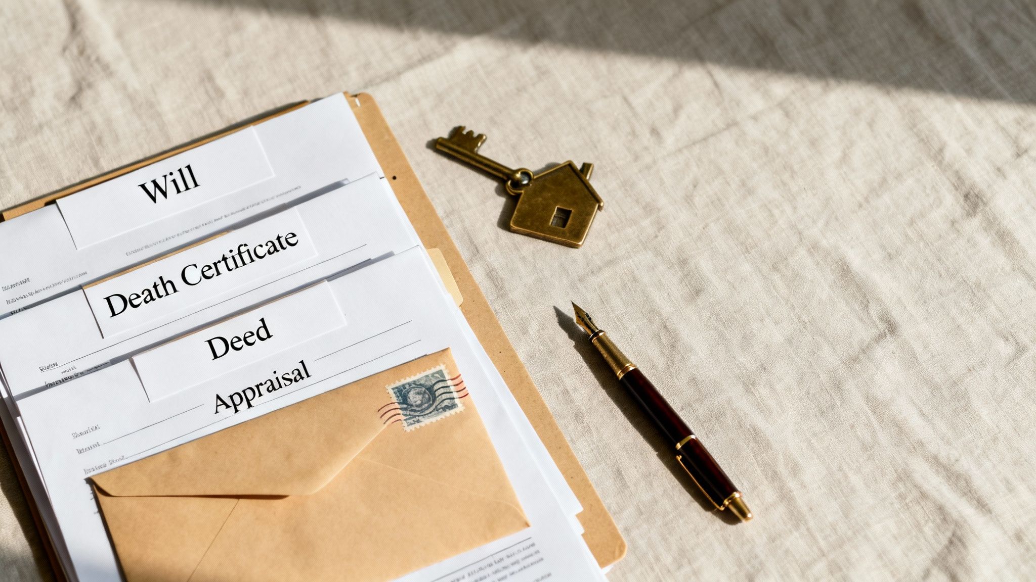 Documents including a will, death certificate, deed, and appraisal, with a house key and fountain pen.