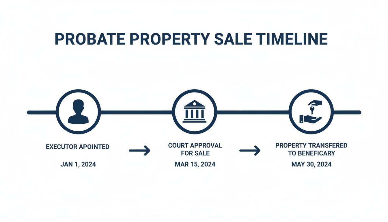 A timeline graphic illustrating the probate property sale process from executor appointment to property transfer, with key dates.