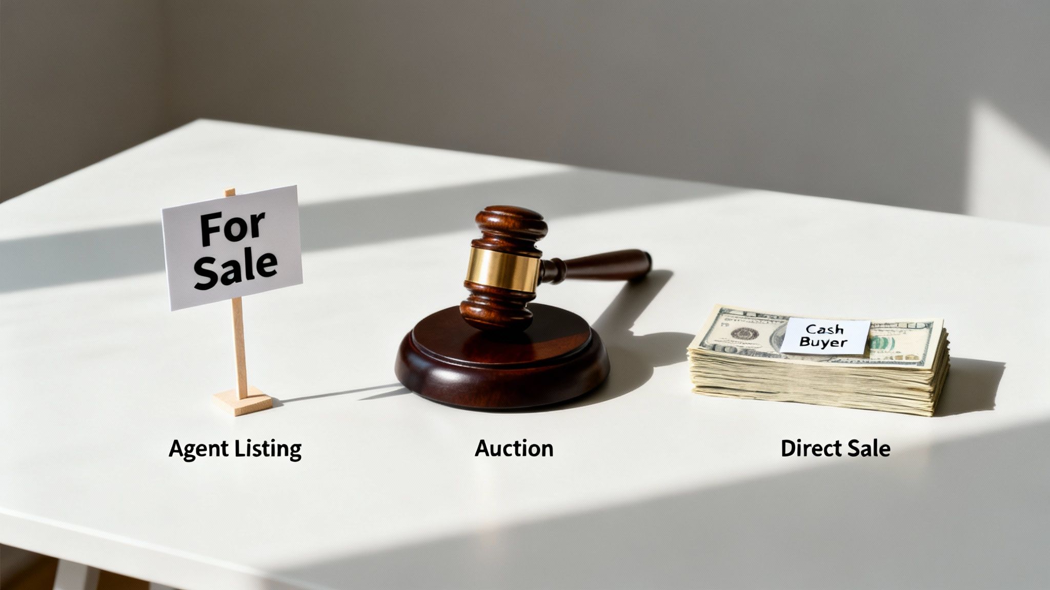 Three property sale options: a 'For Sale' sign for agent listing, a gavel for auction, and cash for direct sale.