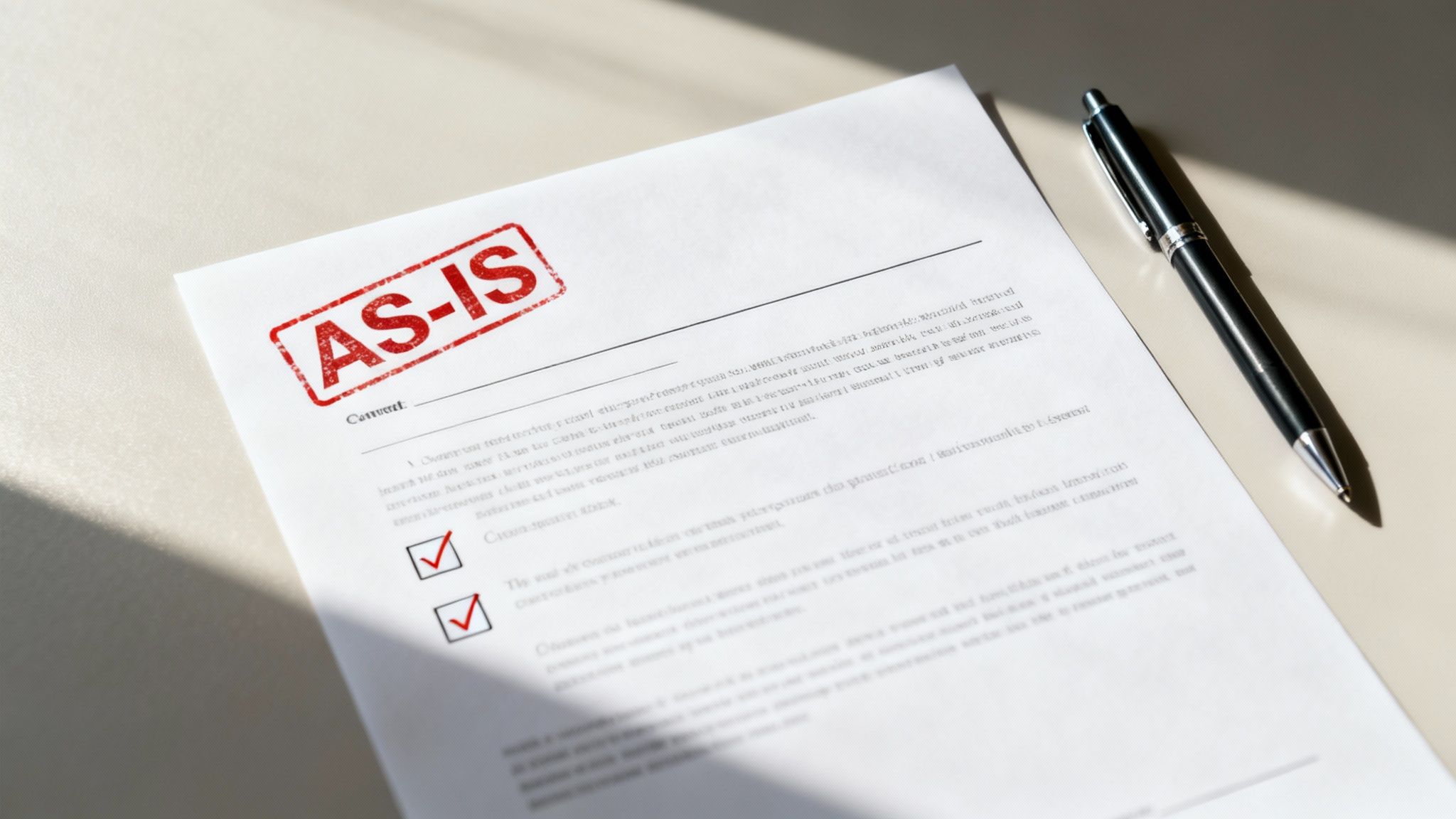 A close-up of a white document with a prominent red 'AS-IS' stamp and two checked boxes, beside a pen on a desk.