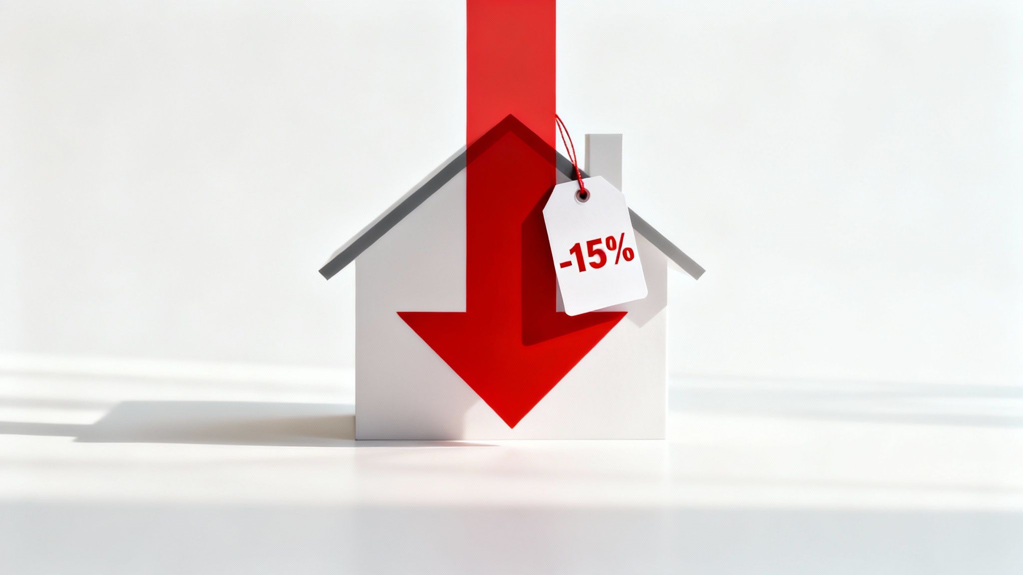 A white model house with a large red downward arrow and a '-15%' discount tag.