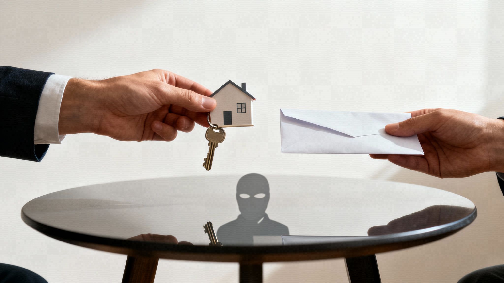 Hands exchanging a house key and an envelope over a table with a mysterious silhouette reflection.