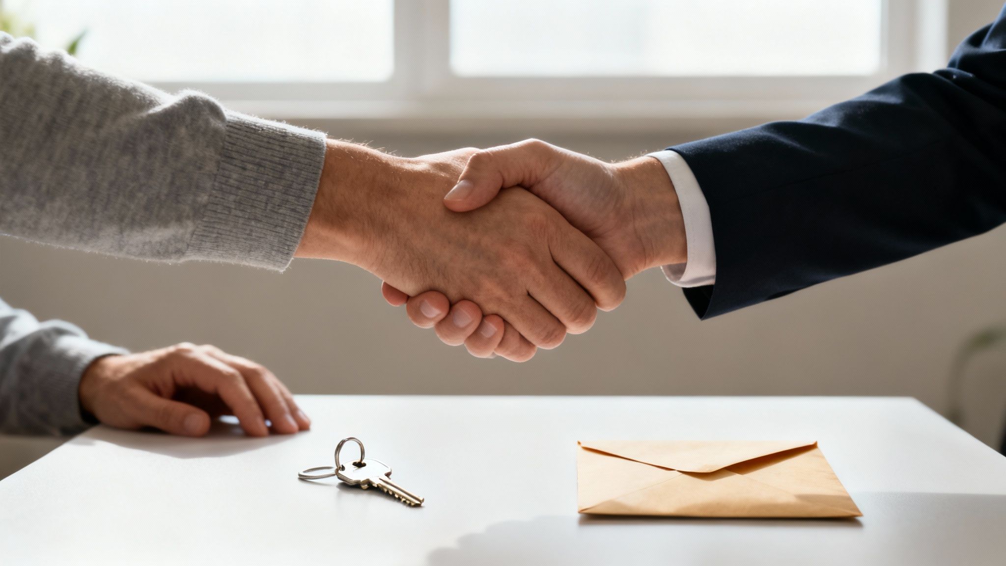 Two people shaking hands over a table with a brown envelope and house keys, symbolizing a deal.