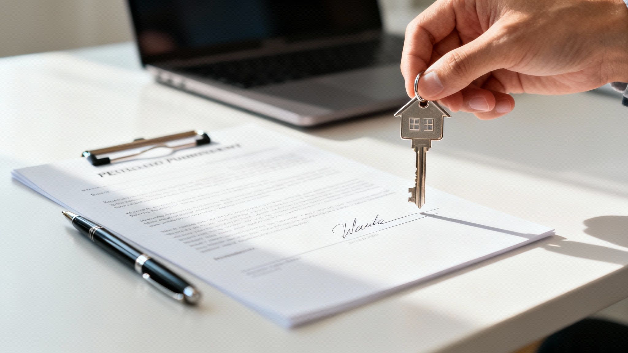 A hand holds a house key above a signed contract, symbolizing a new home.