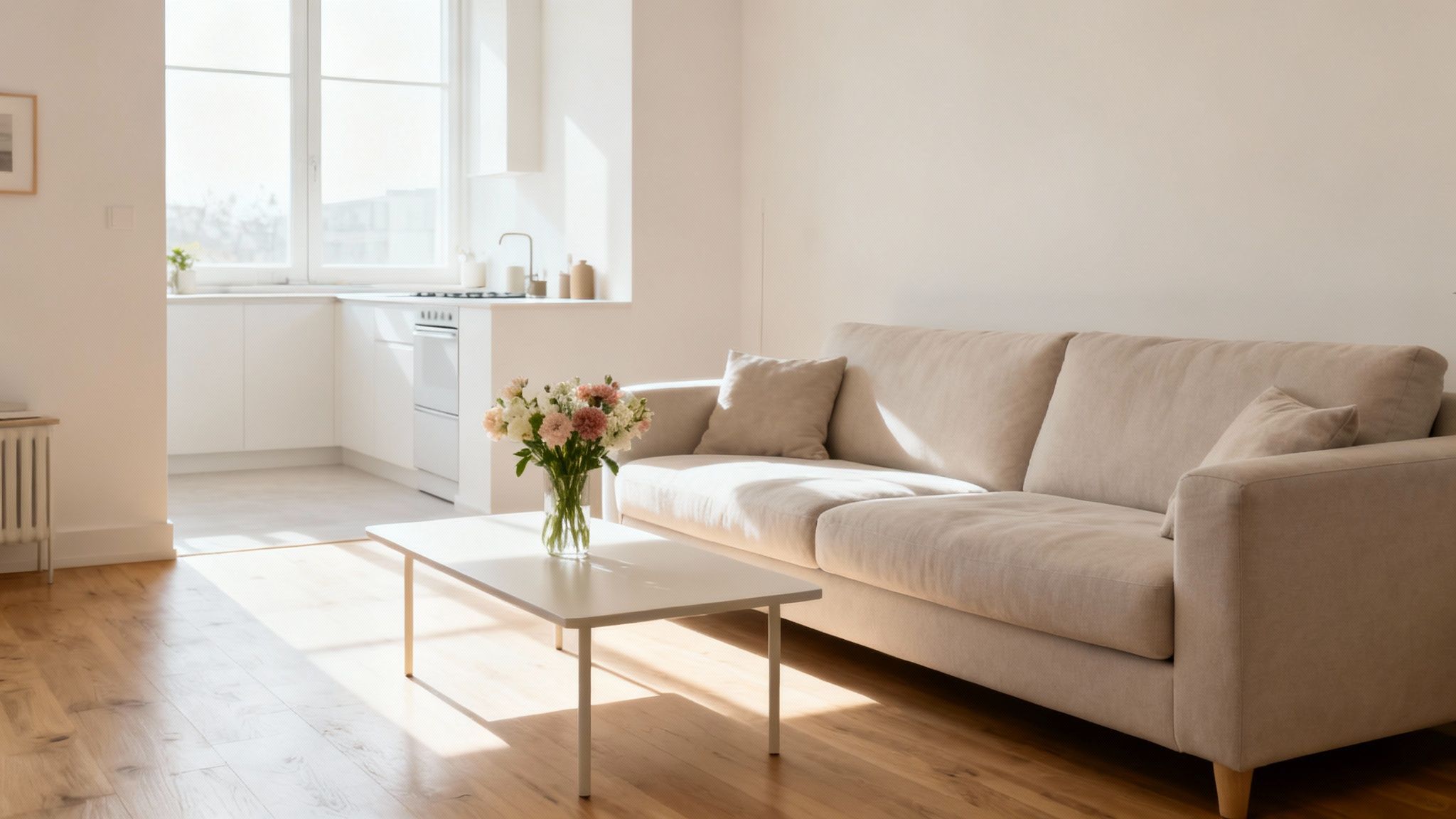 Bright and modern open-plan living room with a beige sofa, white coffee table, and kitchen area.