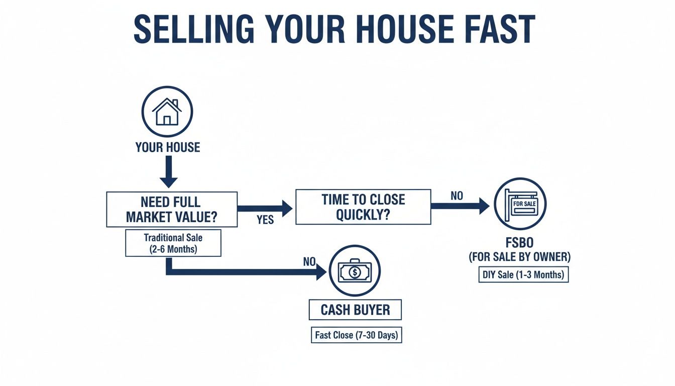Flowchart detailing options and timelines for quickly selling a house, covering traditional, FSBO, and cash buyers.