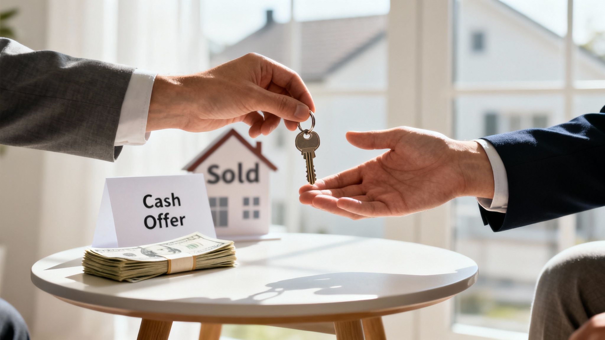 Hands exchanging house keys over a table with a 'Cash Offer' sign, money, and a 'Sold' house model.