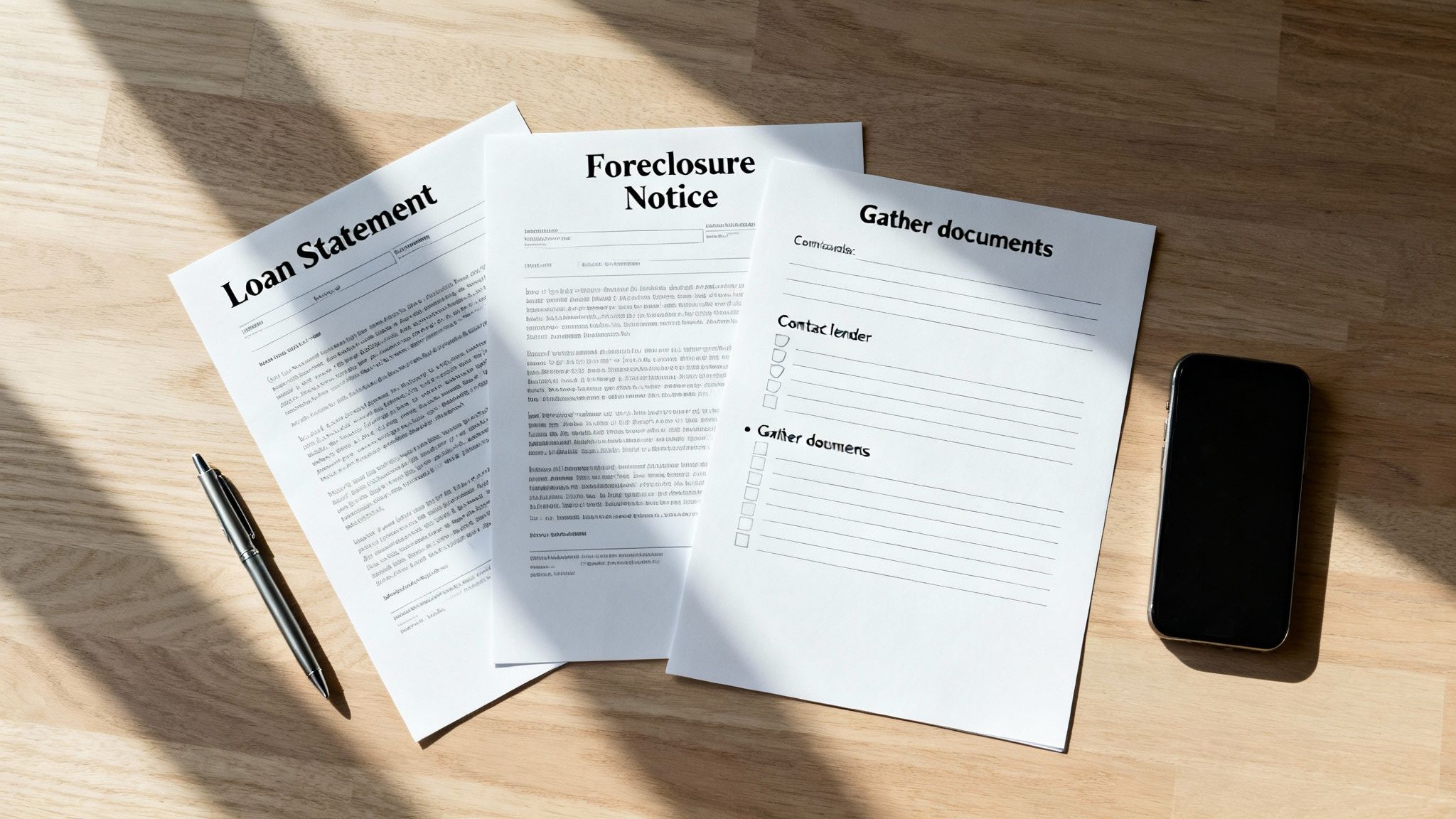 Overhead shot of loan and foreclosure documents, a checklist, pen, and phone on a wooden desk.