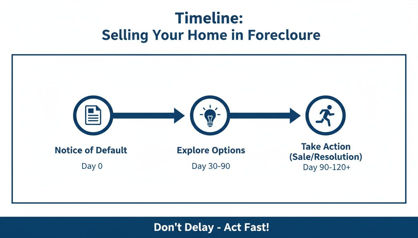 Timeline outlining three key steps for selling a home during the foreclosure process.