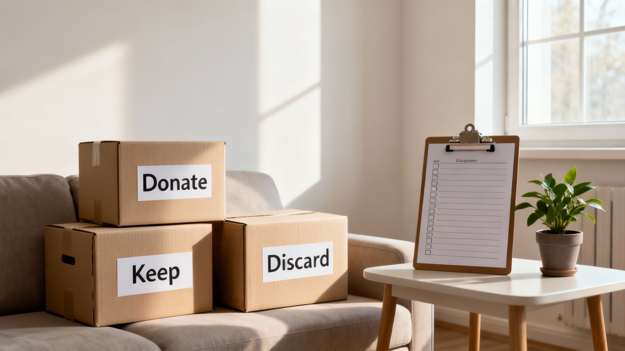 Cardboard boxes labeled 'Donate,' 'Keep,' and 'Discard' on a sofa, with a checklist for home decluttering.
