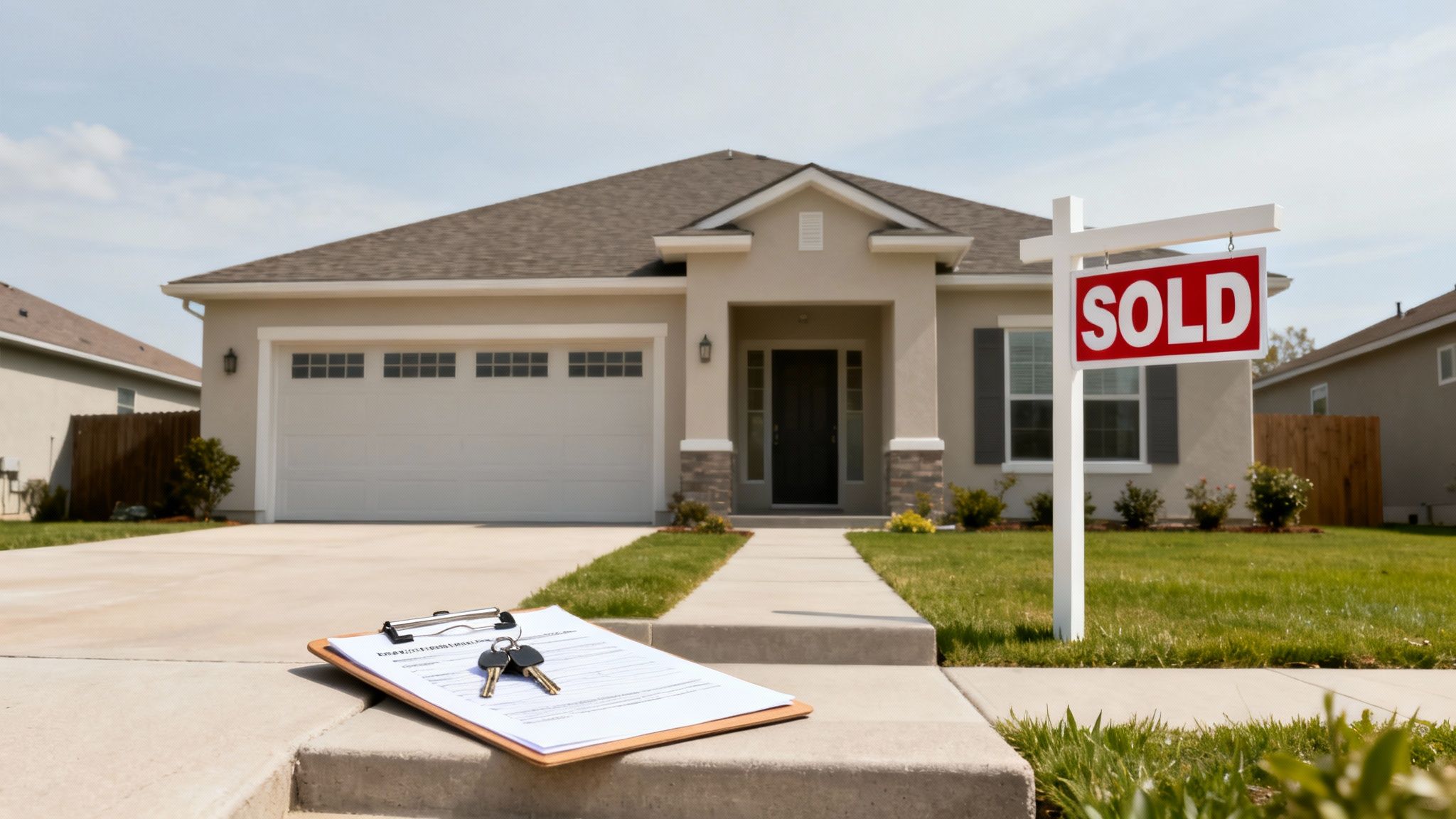 A modern single-story house with a 'SOLD' sign in the yard and house keys on a clipboard.