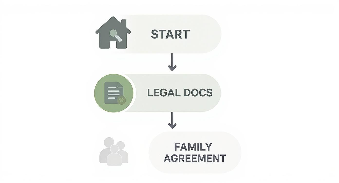 A three-step process diagram for handling inherited property: Start, Legal Docs, and Family Agreement.