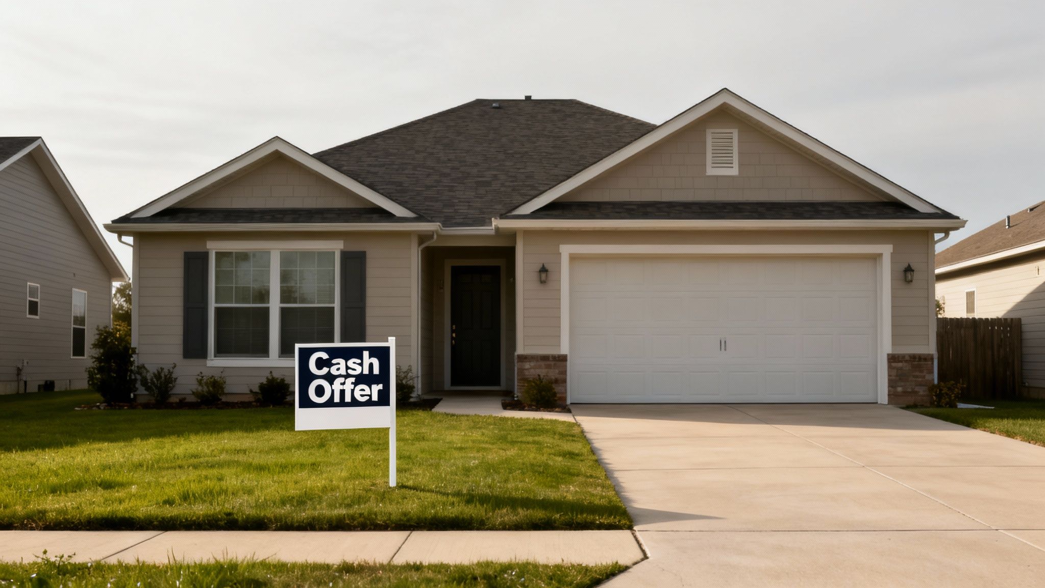 A modern single-story house with a white 'Cash Offer' sign on a green lawn.
