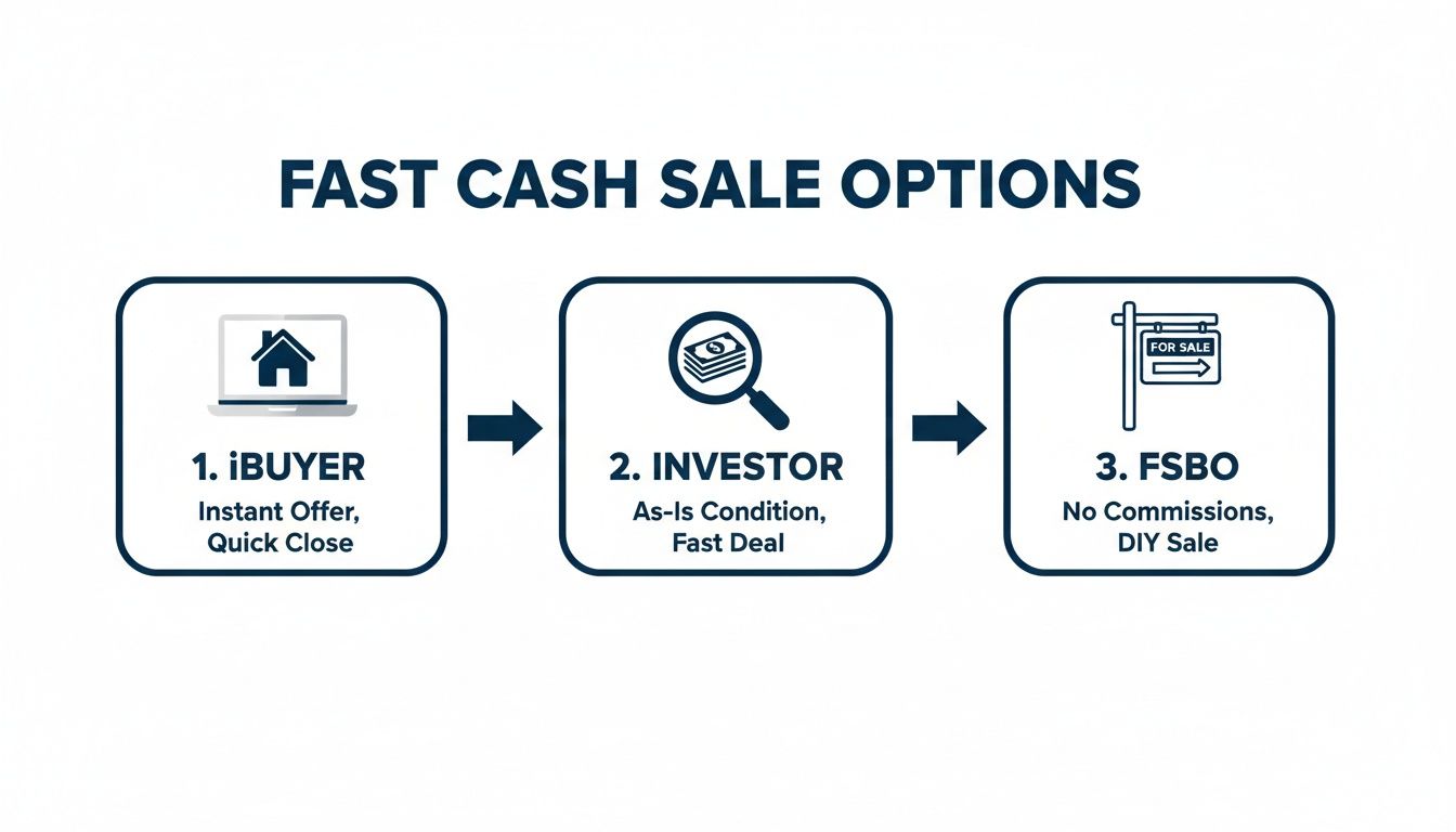 Diagram showing three fast cash sale options for homes: iBuyer, Investor, and FSBO.