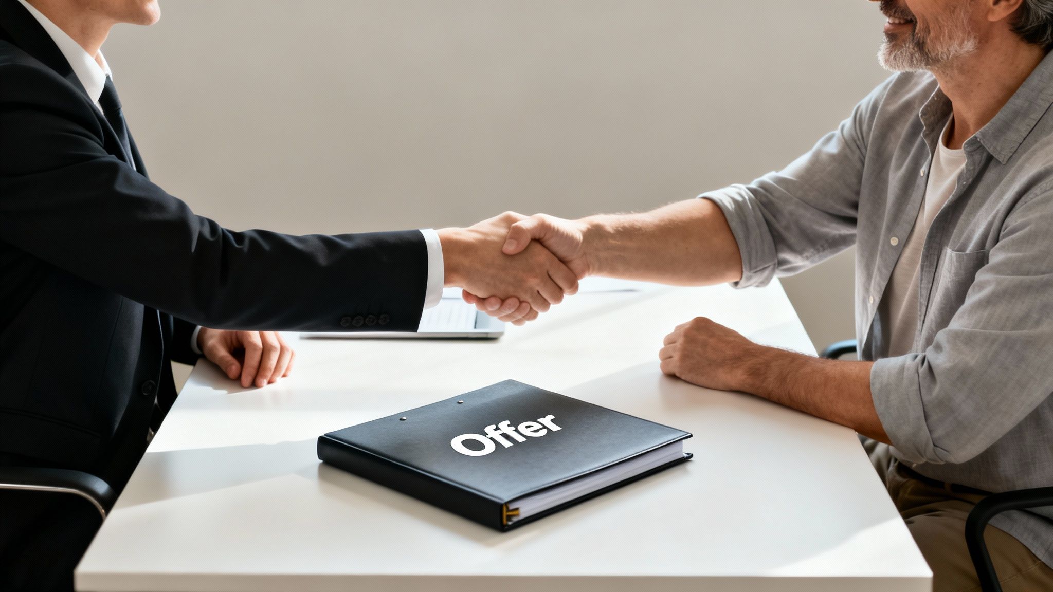 Two men, one in a suit, shake hands over a table with an 'Offer' binder.