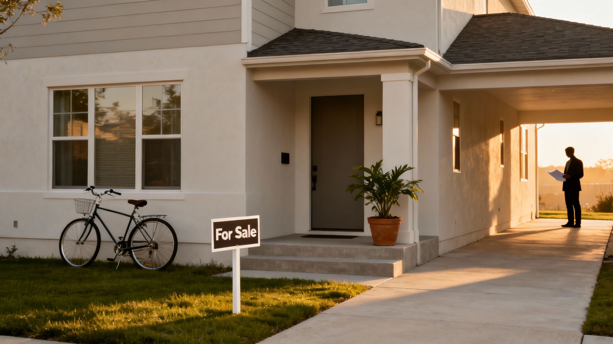 A 'For Sale' sign in front of a modern house with a man looking at papers.