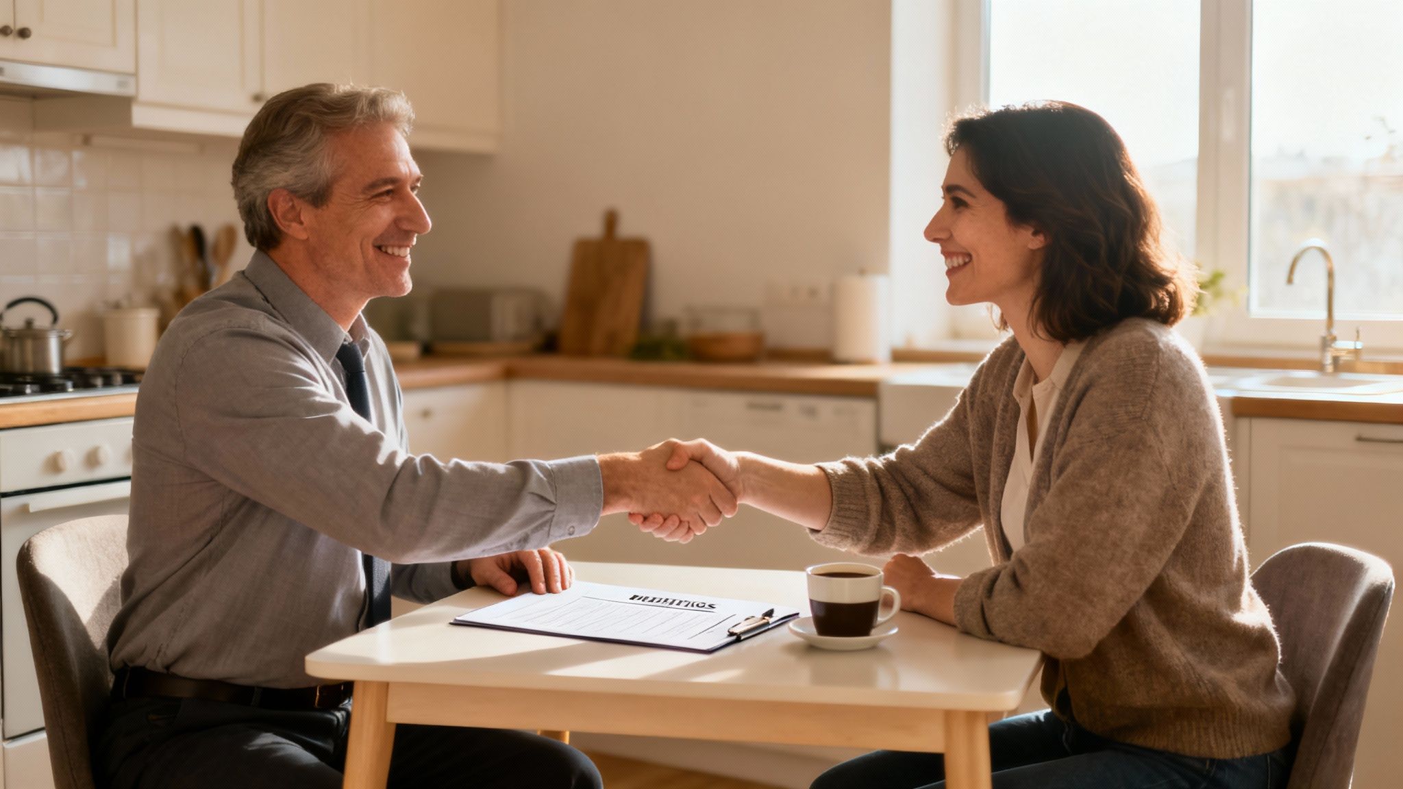 A smiling man and woman shake hands over a document and coffee at a kitchen table.