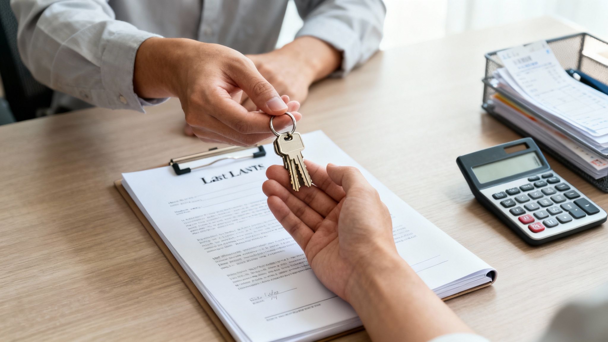 Close-up of hands exchanging house keys over a contract, symbolizing a property transaction.
