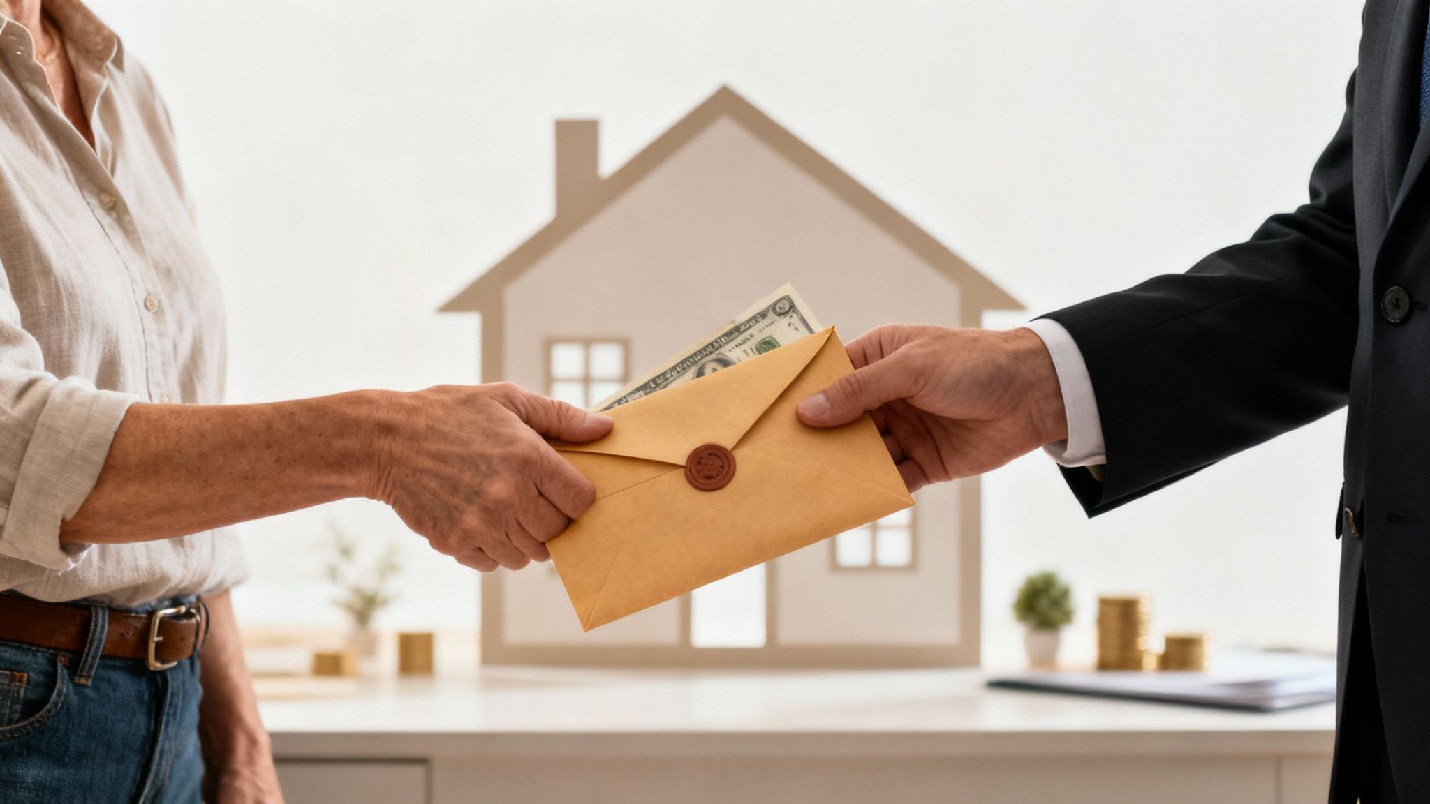 Two hands exchange a money-filled envelope in front of a house cutout, symbolizing a real estate transaction.