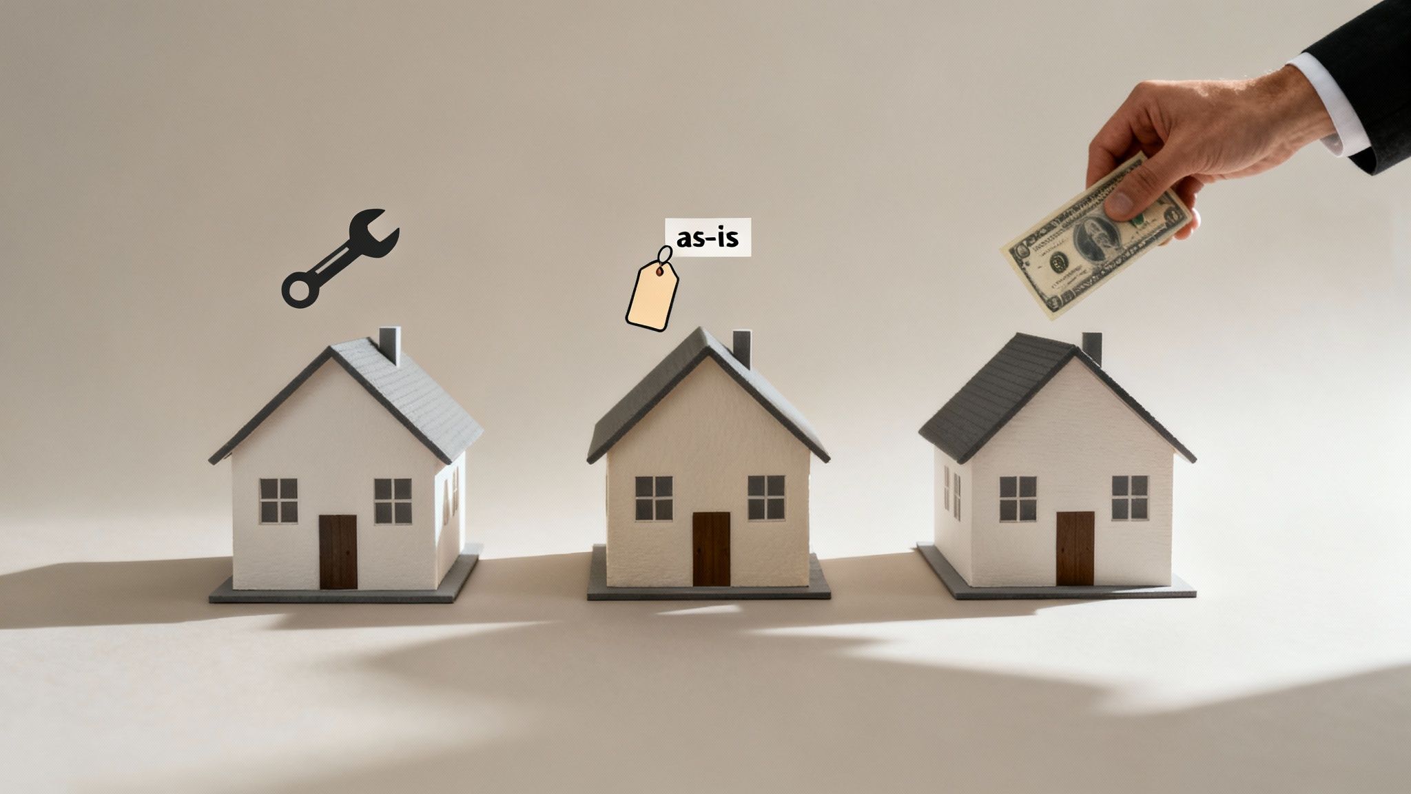 Three miniature houses representing different ways to sell a home: needing repairs, as-is, or for cash.