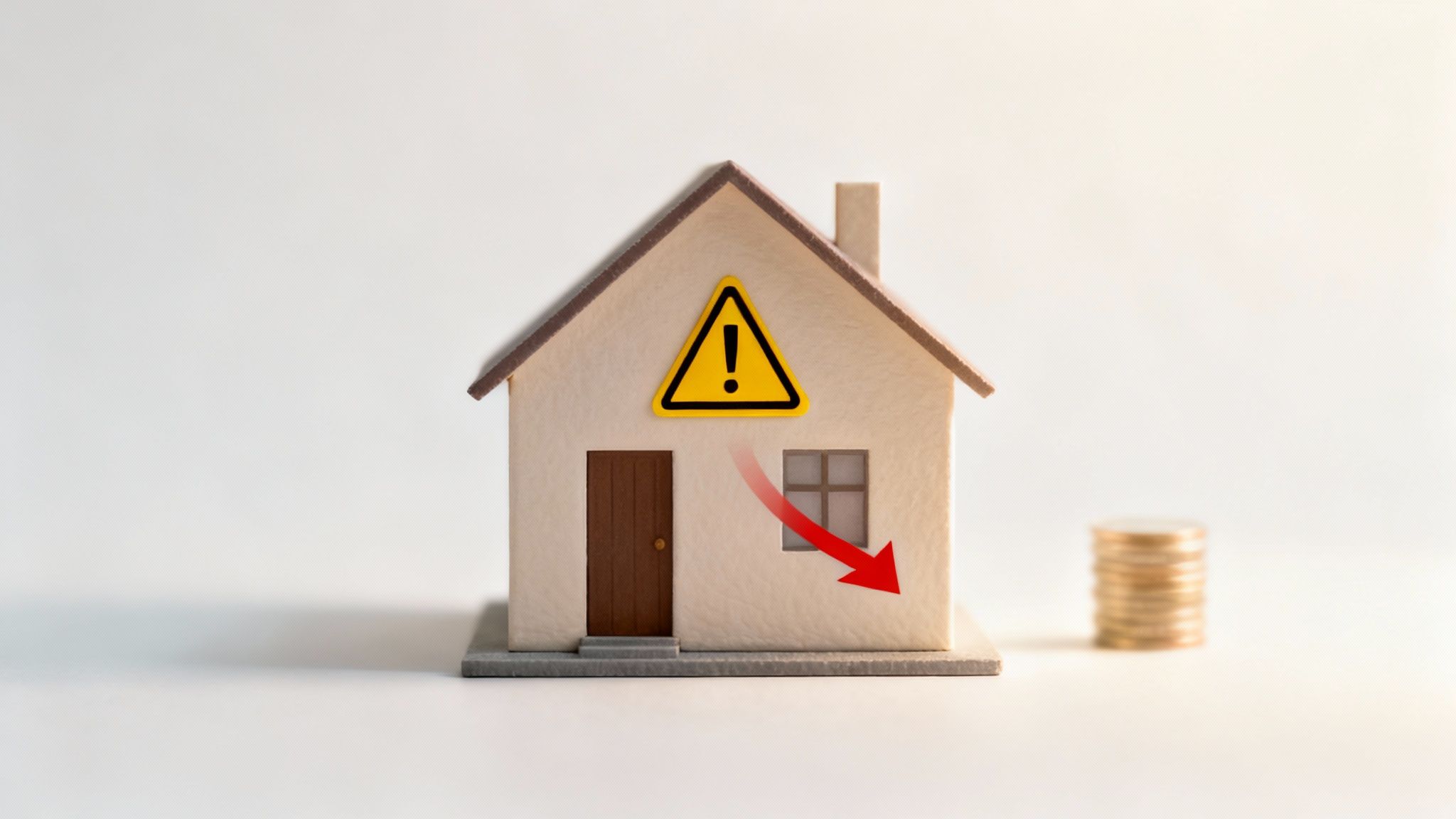 A miniature house with a warning sign and a red downward arrow, next to stacked coins, indicating property risk.