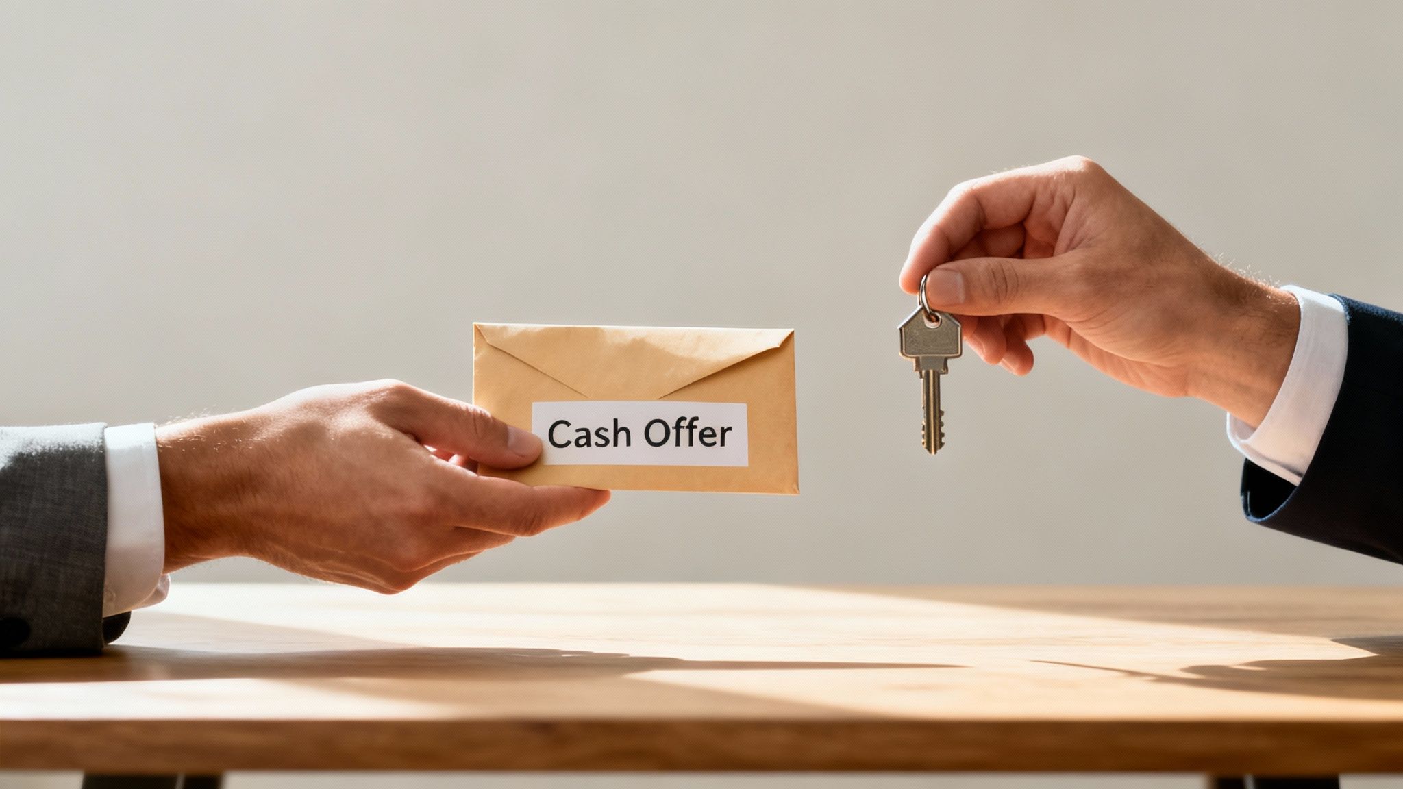 Two hands exchanging a 'Cash Offer' envelope for house keys on a wooden table, symbolizing a real estate transaction.