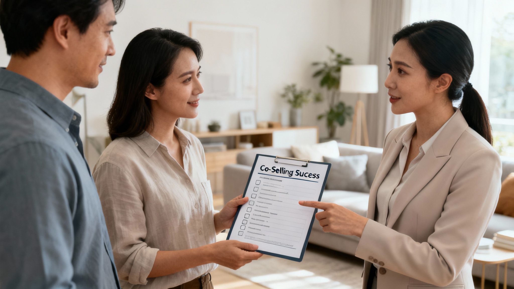 A real estate agent explains a "Co-Selling Success" checklist to a couple in a modern home.