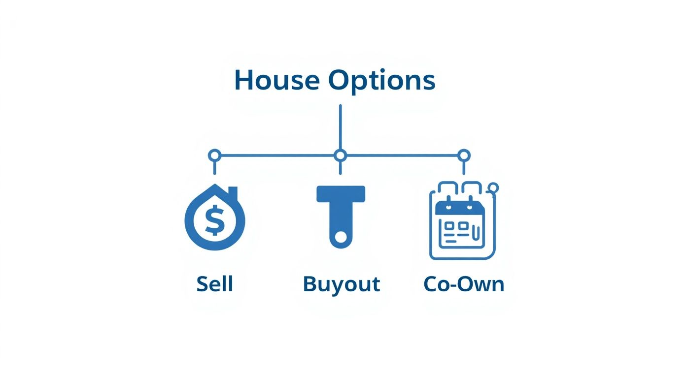 A diagram illustrating three house options: Sell, Buyout, and Co-Own, with their respective icons.