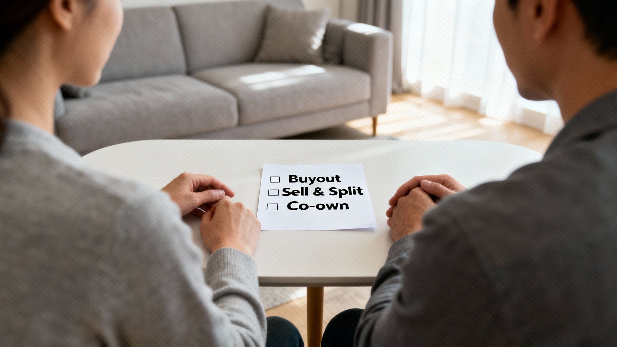 A couple sits at a table, considering property options like buyout, selling, or co-owning.