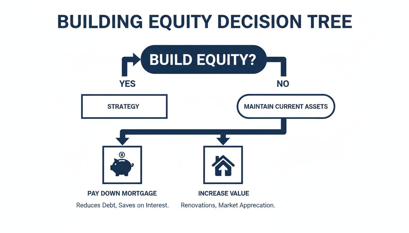 Decision tree illustrating strategies for building equity, including paying down mortgage and increasing value.