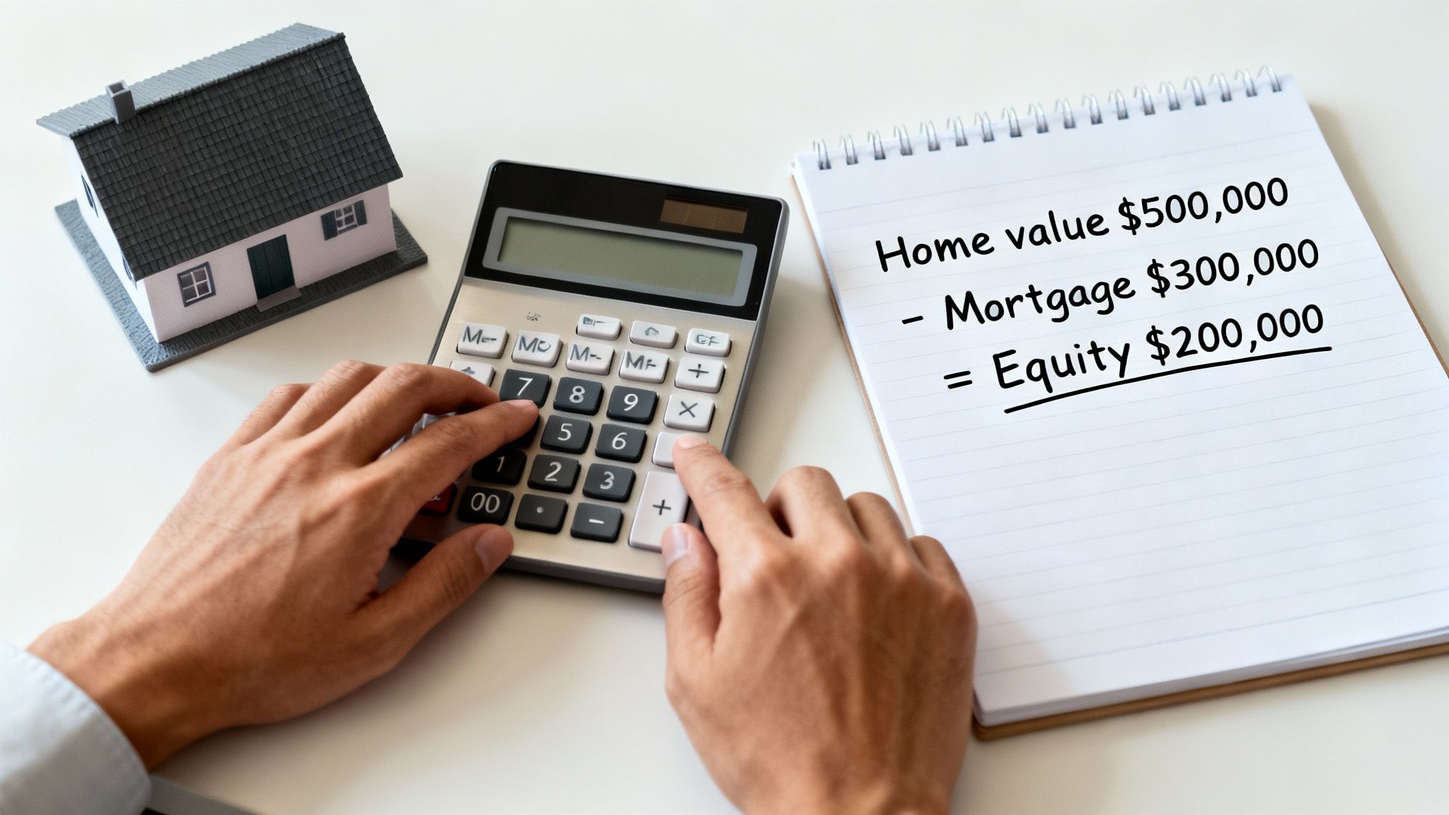 Person calculating home equity with a calculator, miniature house, and notepad showing values.
