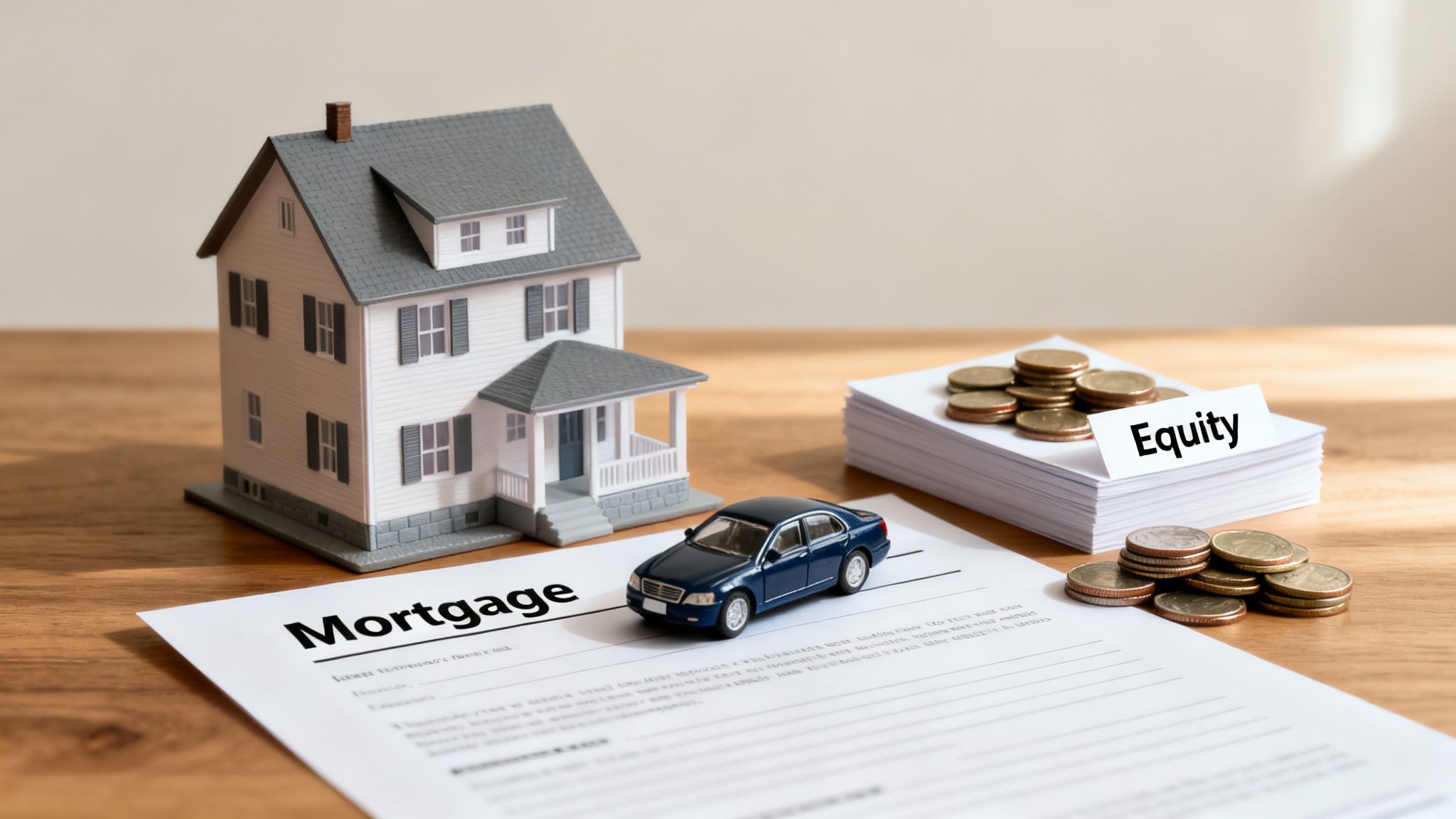 A miniature house, toy car, mortgage document, and coins symbolizing home equity and finance.