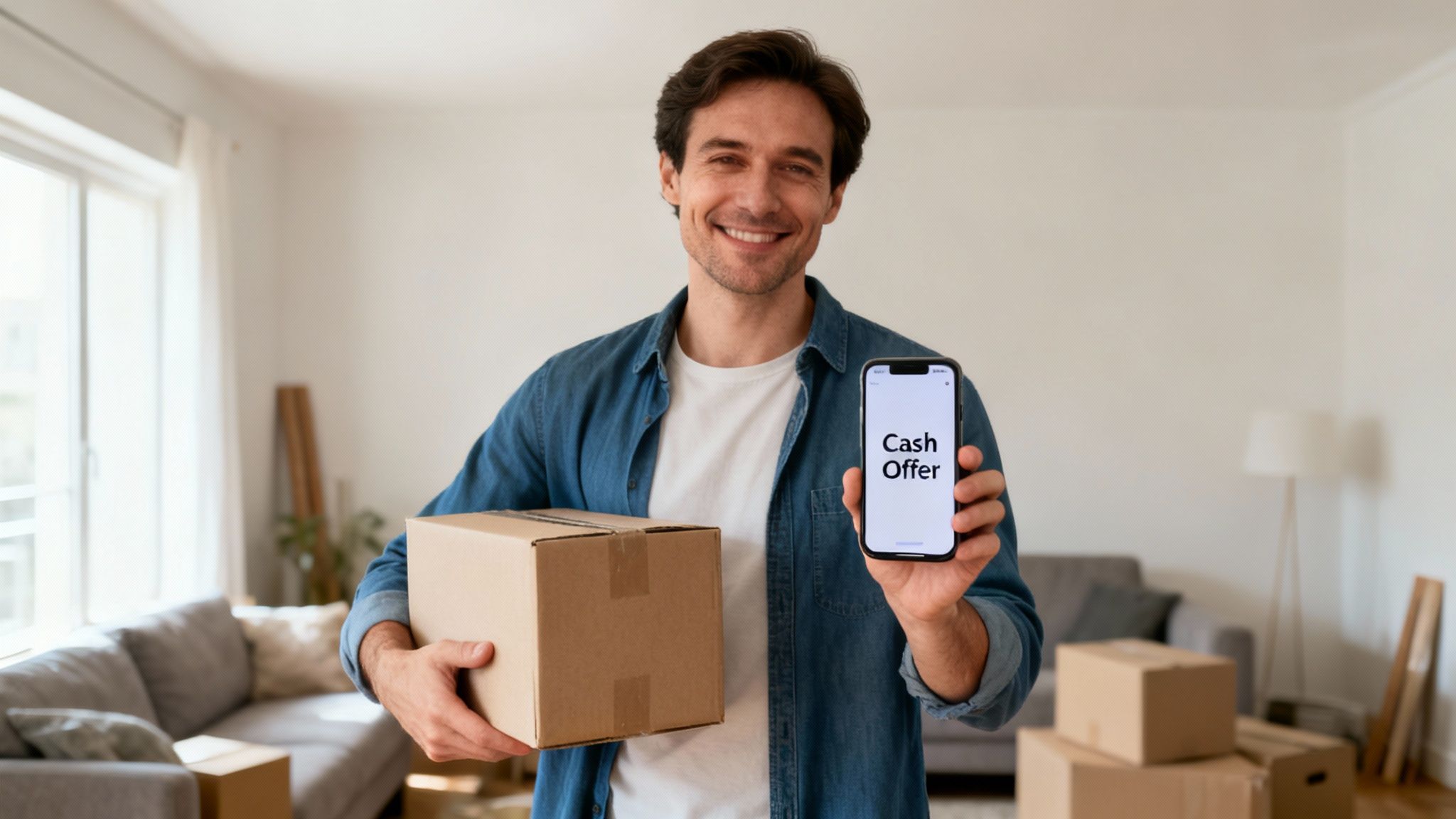Smiling man holds moving box and smartphone displaying 'Cash Offer' in a new home.