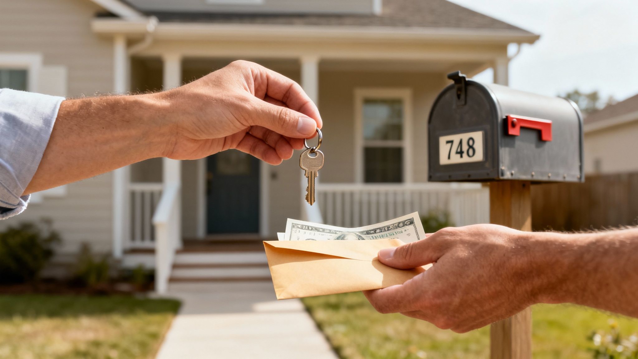 Hands exchanging house keys for an envelope of cash in front of a residential home.
