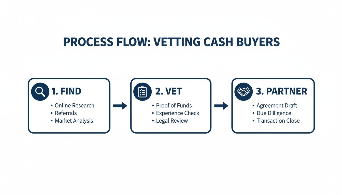 Process flow diagram for vetting cash buyers, showing find, vet, and partner steps with details.