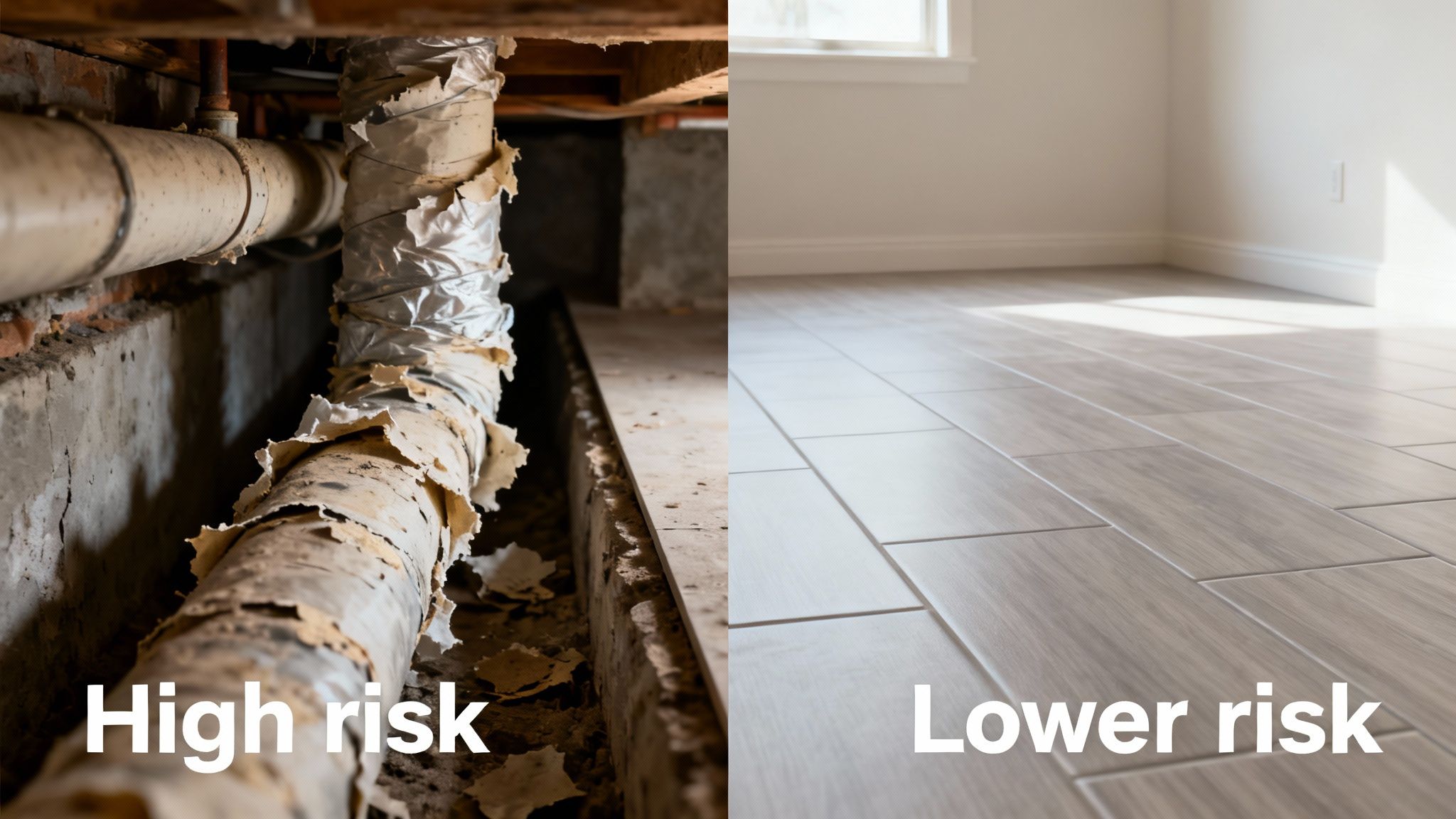 Split image shows high-risk old pipes with peeling insulation contrasting a lower-risk clean, tiled floor.