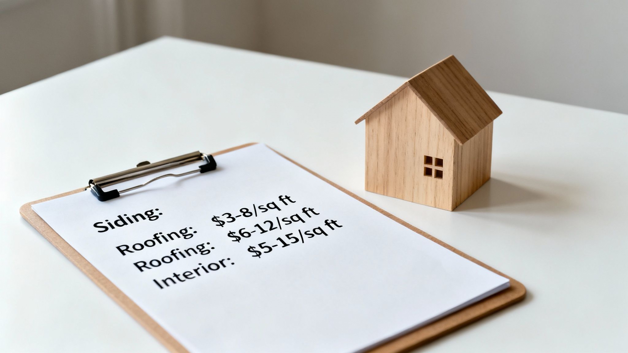 Clipboard with home renovation cost estimates for siding, roofing, and interior next to a wooden house model.