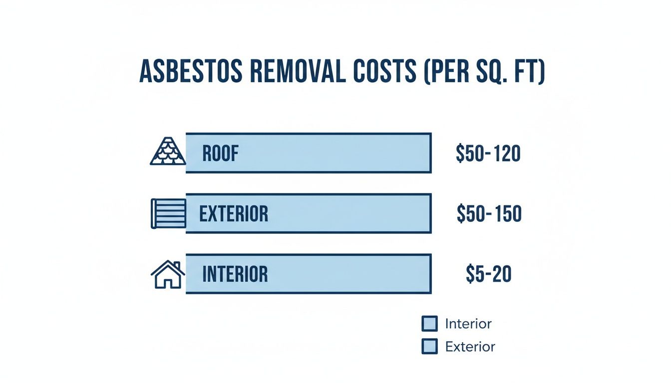 A chart showing asbestos removal costs per square foot for roof, exterior, and interior areas.